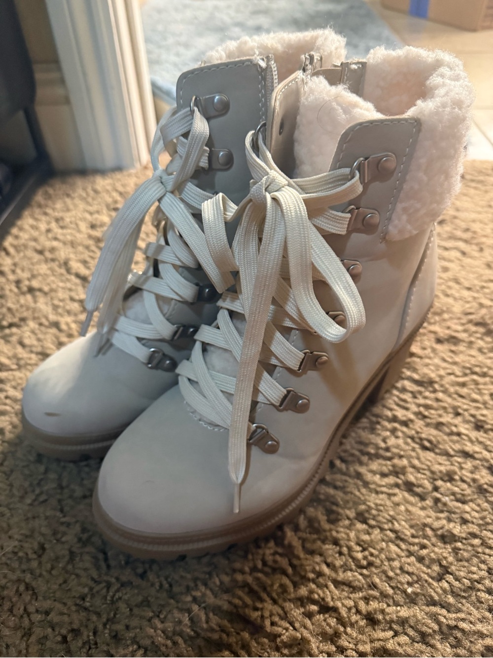 Pink Lily Cream Lace-Up Sherpa Ankle Boots